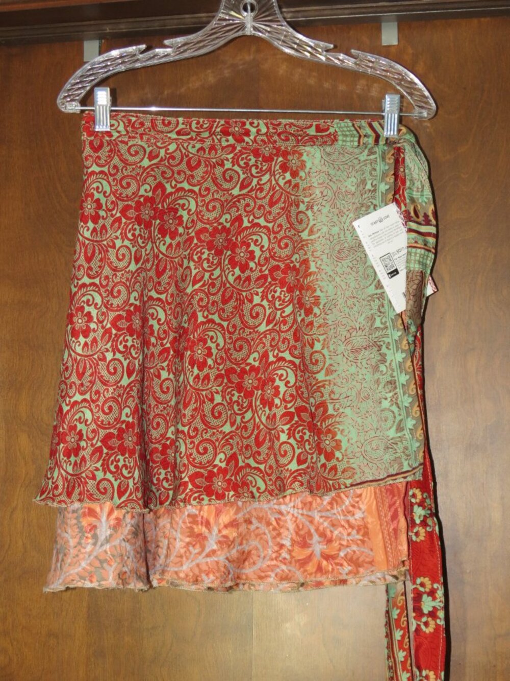 New With Tags Darn Good Yarn Sari Silk Wrap Skirt XL 14-20 Mini Reversible Boho